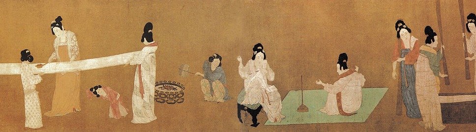 Court ladies preparing newly woven silk. Painting from 12th century CE.